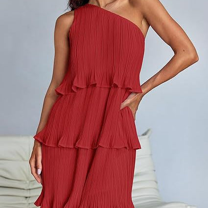 Red stunning shoulder layered stitching hem pleated sleeveless dress for elegant occasions
