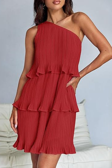 Red stunning shoulder layered stitching hem pleated sleeveless dress for elegant occasions