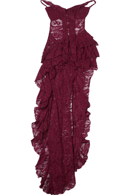 Elegant langry burgundy lace ruffled tube dress with high slit
