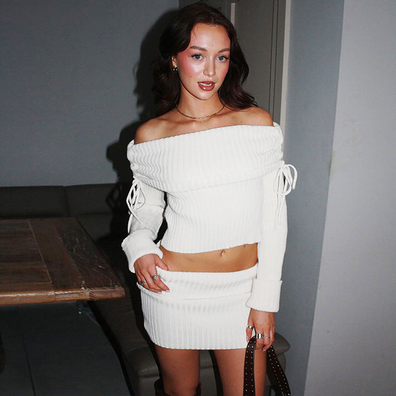 White ribbed off-shoulder crop top and mini skirt set in fashion ملابس by Gorgeous