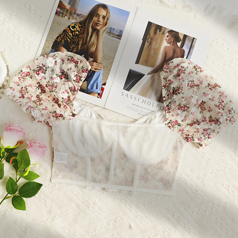 Floral-sleeved white lace bustier from the Cute Short Sleeve Corset collection showcasing elegant fashion