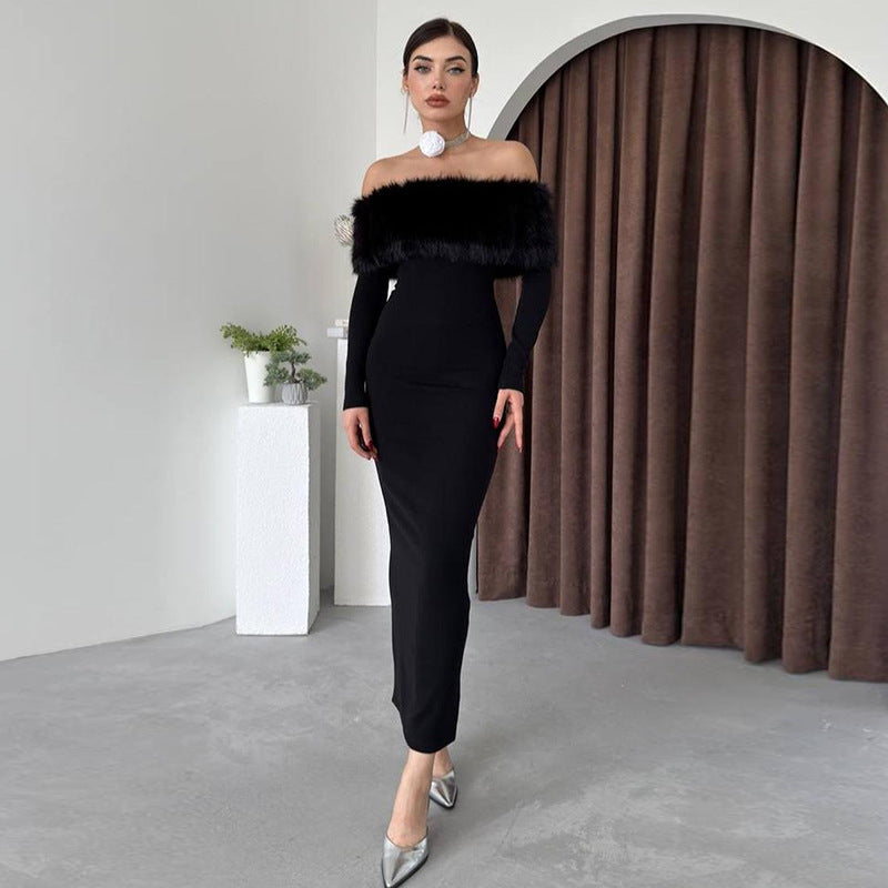 Elegant black off-the-shoulder dress, perfect for fashion lovers seeking ملابس style
