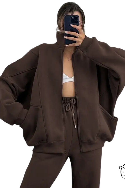 Brown comfy stand collar cardigan sweater suit with oversized zip-up fit