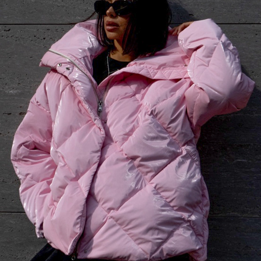 Langry pink puffer fashion jacket with quilted hood design