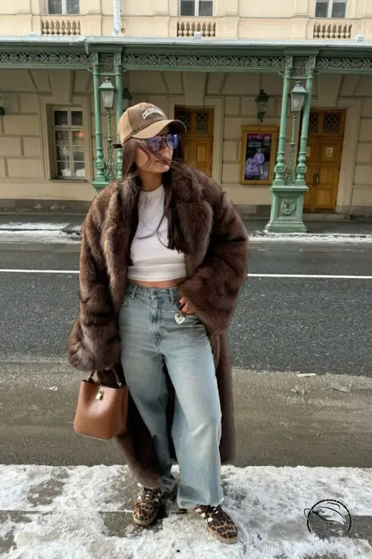 Luxury brown faux fur jacket with oversized vintage design