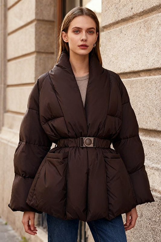 Langry fashion brown puffer jacket with belt and wide sleeves
