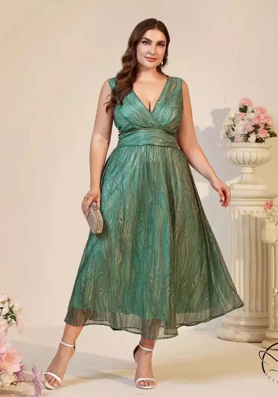 Woman in beautiful suspender maxi dress with V-neck and white heels