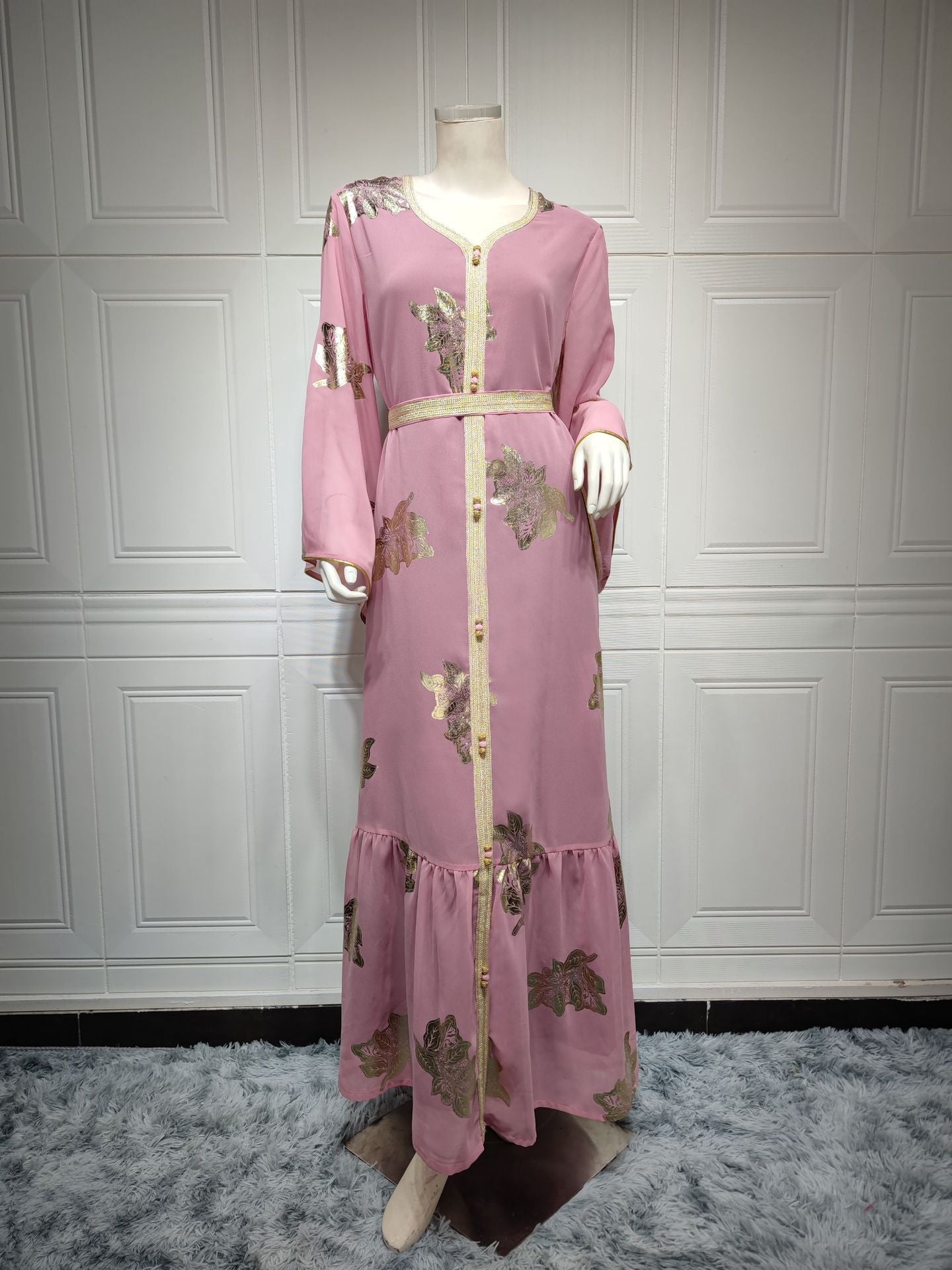 Lavender chiffon dress with floral print, gold buttons, belt - langry fashion ملابس