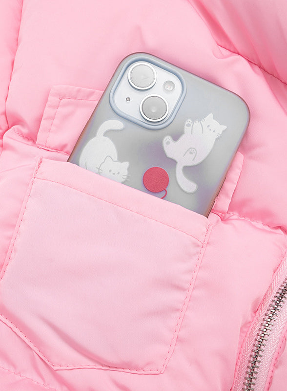Pink Langry puffer jacket with cat phone case, fashion coat vest