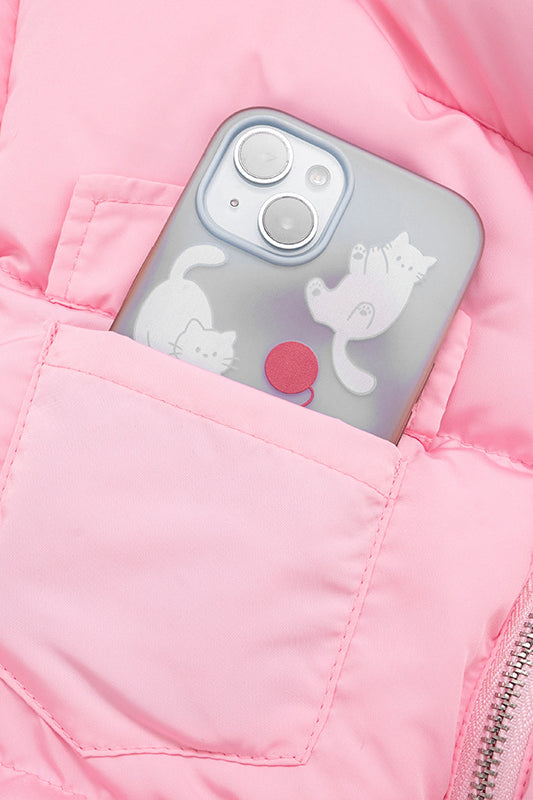 Pink Langry puffer jacket with cat phone case, fashion coat vest