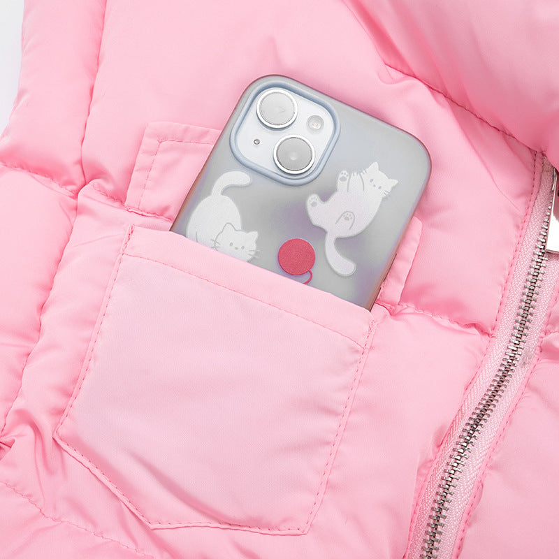 Pink Langry puffer jacket with cat phone case, fashion coat vest