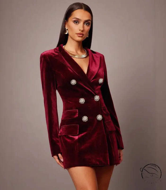 Elegant langry burgundy velvet blazer dress with silver buttons