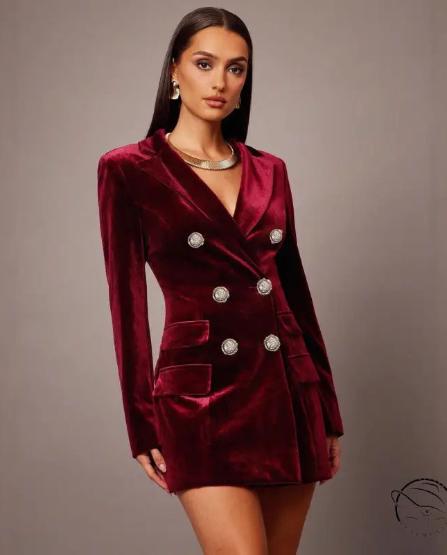 Elegant langry burgundy velvet blazer dress with silver buttons