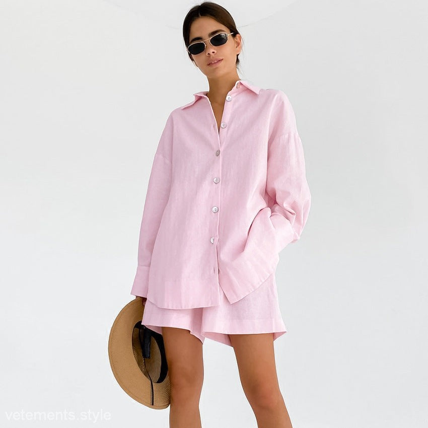 Pink cotton linen pajamas suit featuring a stylish shirt and shorts two-piece set