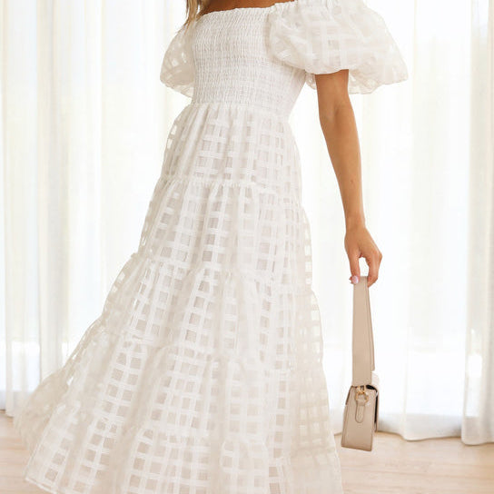 White off-the-shoulder midi dress from Enchanting Lantern Sleeve Dress for stylish fashion ملابس