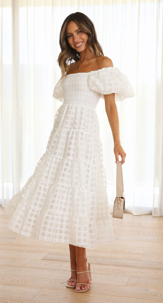 White off-the-shoulder midi dress from Enchanting Lantern Sleeve Dress for stylish fashion ملابس