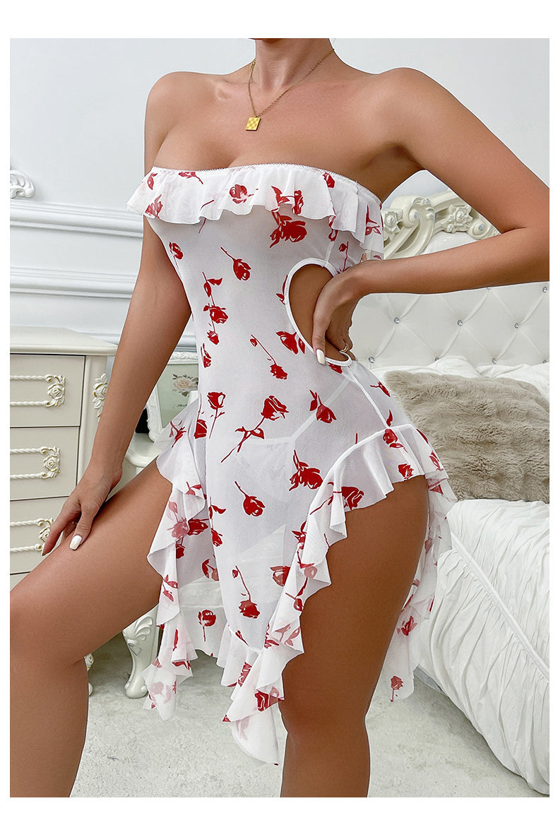 Elegant white off-shoulder langry fashion nightdress with red rose print and ruffled hem