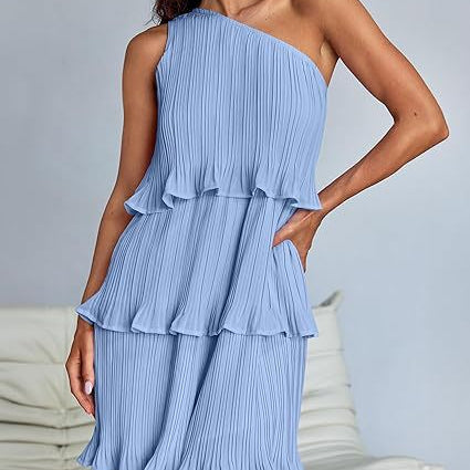 Light blue layered stitching hem pleated sleeveless dress with stunning shoulder design