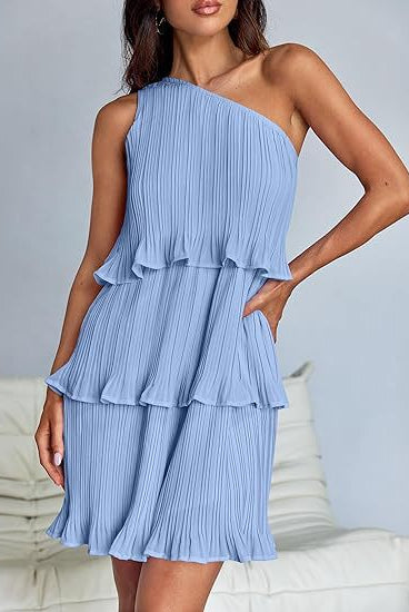 Light blue layered stitching hem pleated sleeveless dress with stunning shoulder design