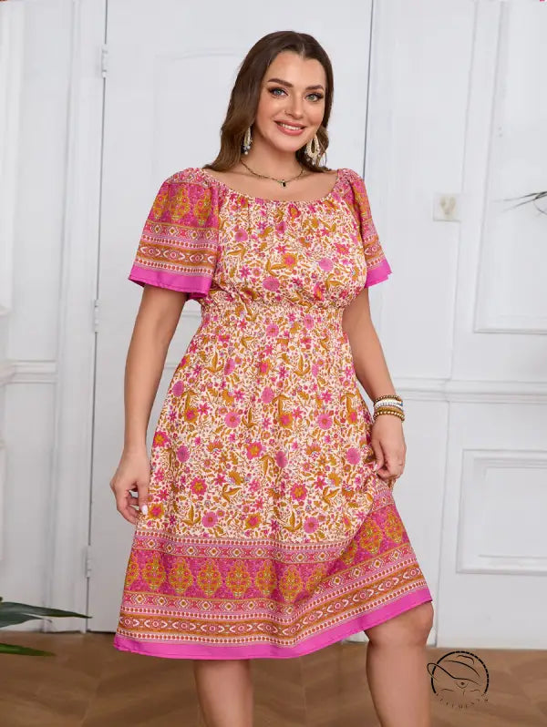 Elegant bohemian dress with boho off-shoulder midi floral print