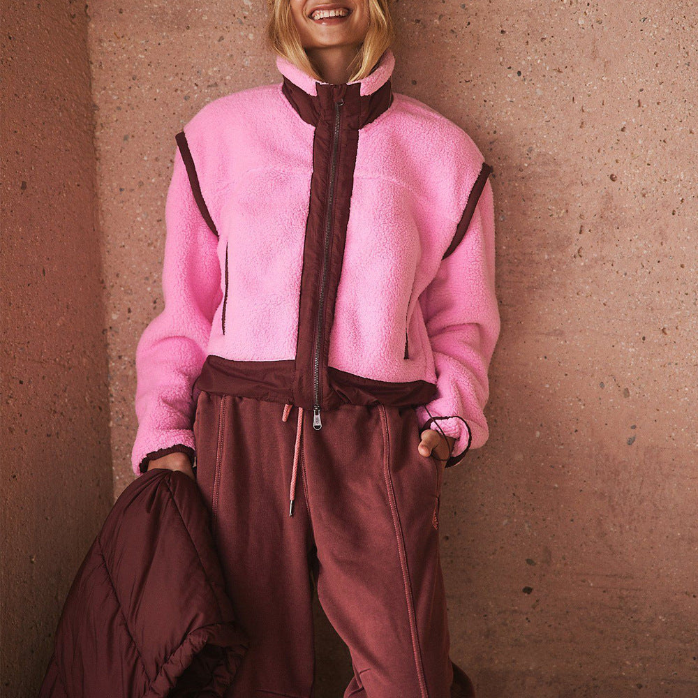 Pink fleece jacket with burgundy trim in Outdoor Lambswool Cardigan Zipper Coat fashion