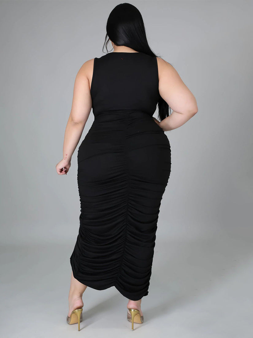 Black sleeveless ruched summer slim fit fold split dress showcasing elegant fashion style