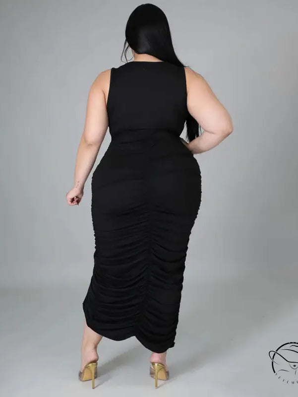 Black sleeveless ruched summer slim fit fold split dress