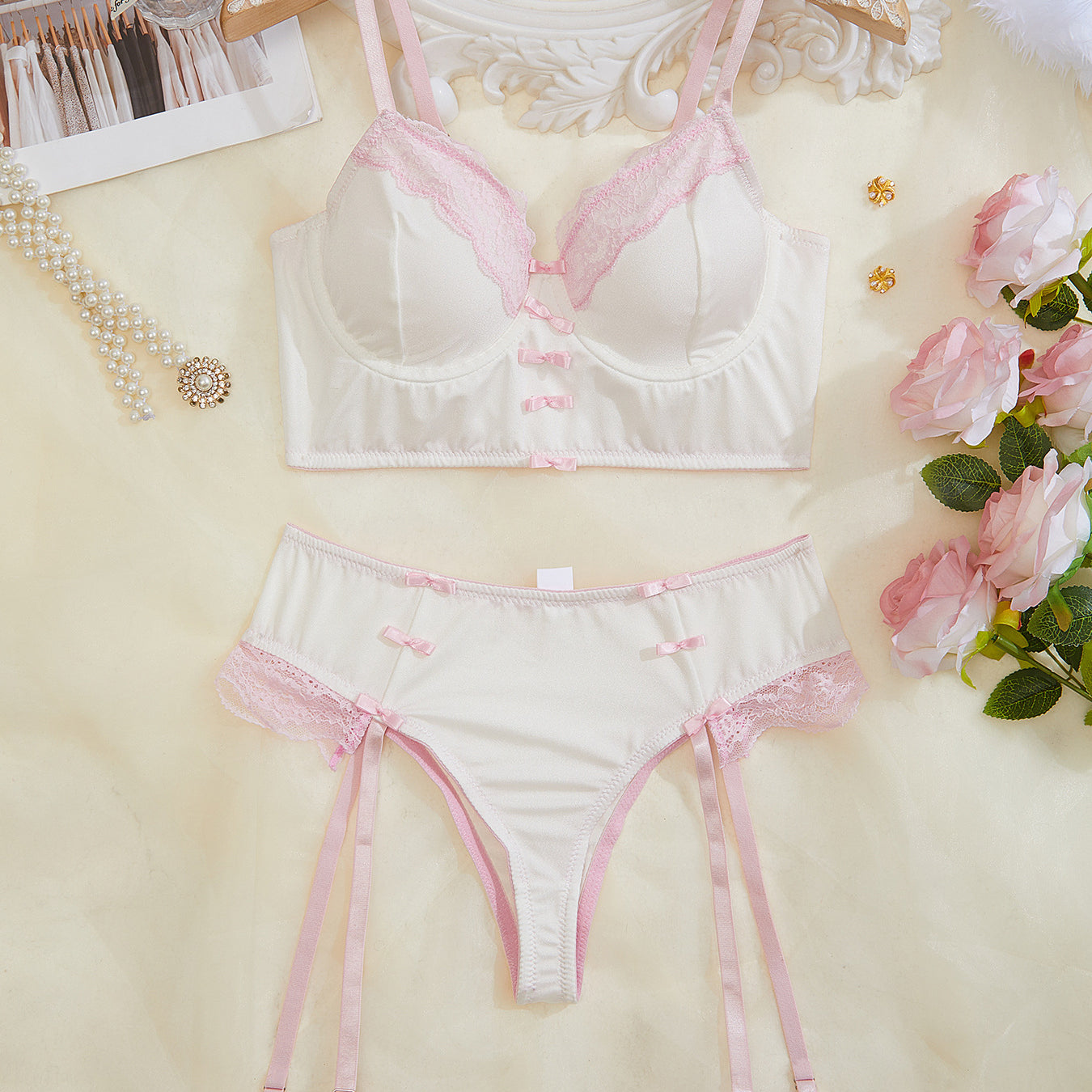 White lingerie set with pink lace trim from Underwear Lace See Through Temptation Bra T Back Two Piece Set for elegant fashion and ملابس