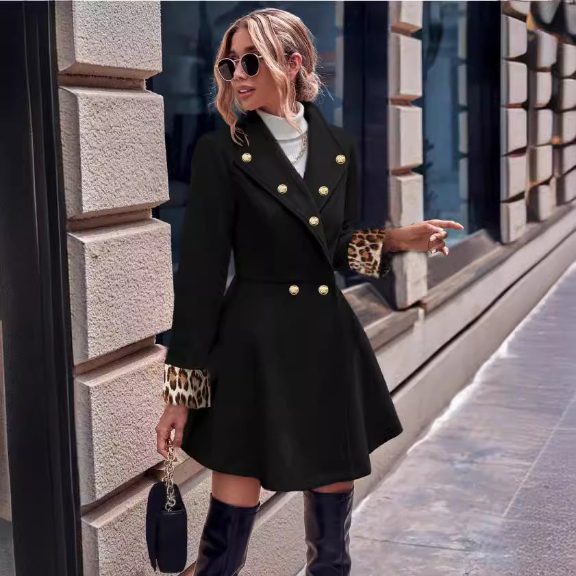 Black double-breasted coat with leopard print cuffs from Leopard Print Office V Neck Long Sleeve Coat, perfect for langry fashion and stylish ملابس