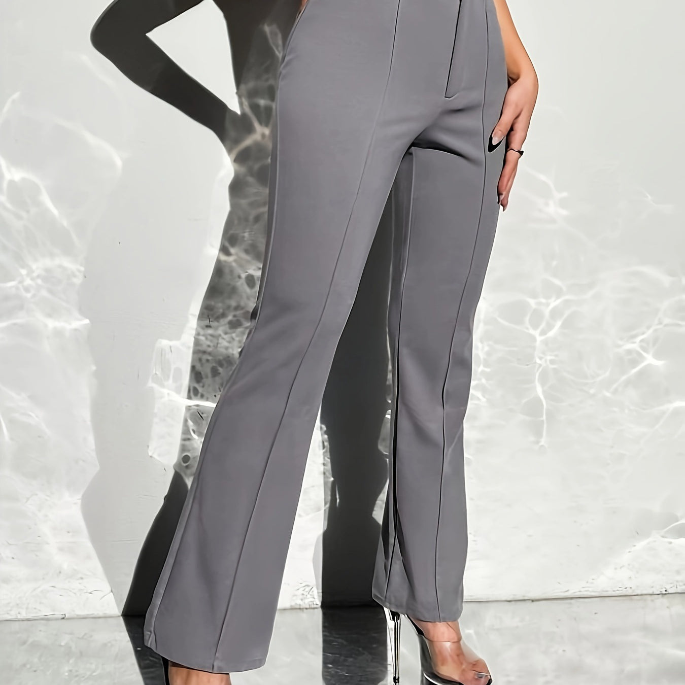 Gray high-waisted dress pants with slight flare for casual fashion ملابس women