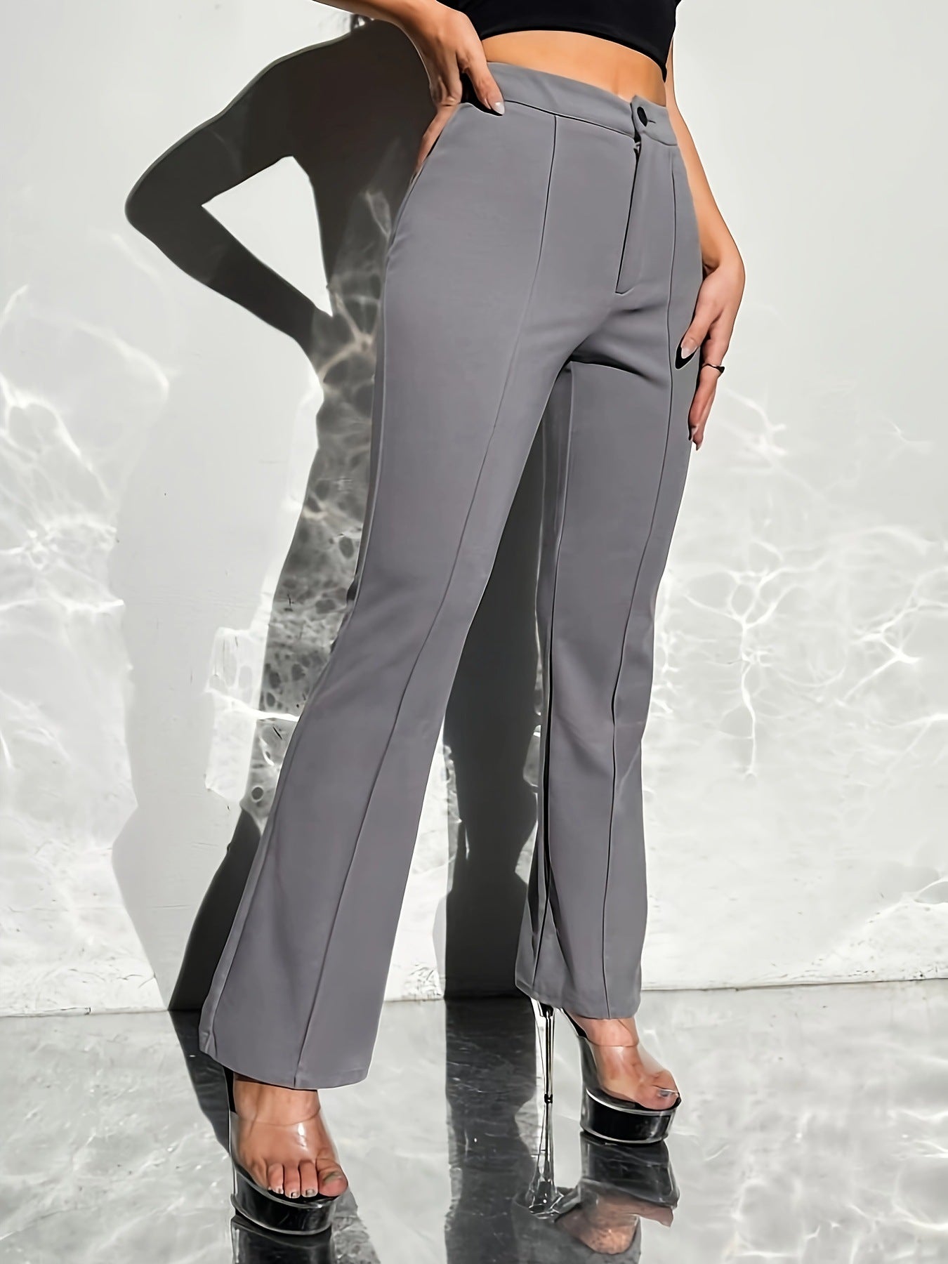 Gray high-waisted dress pants with slight flare for casual fashion ملابس women