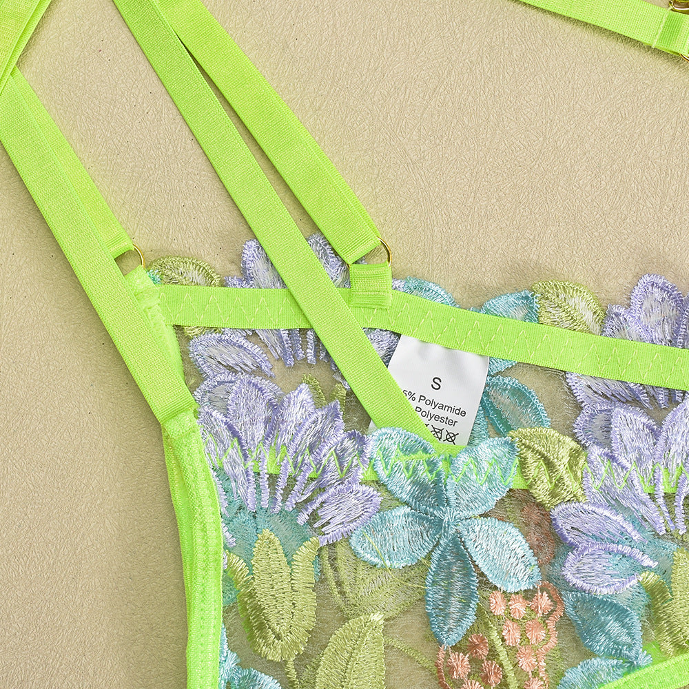 Floral embroidered lingerie with neon straps featuring underwear hanging neckband and iron chain design