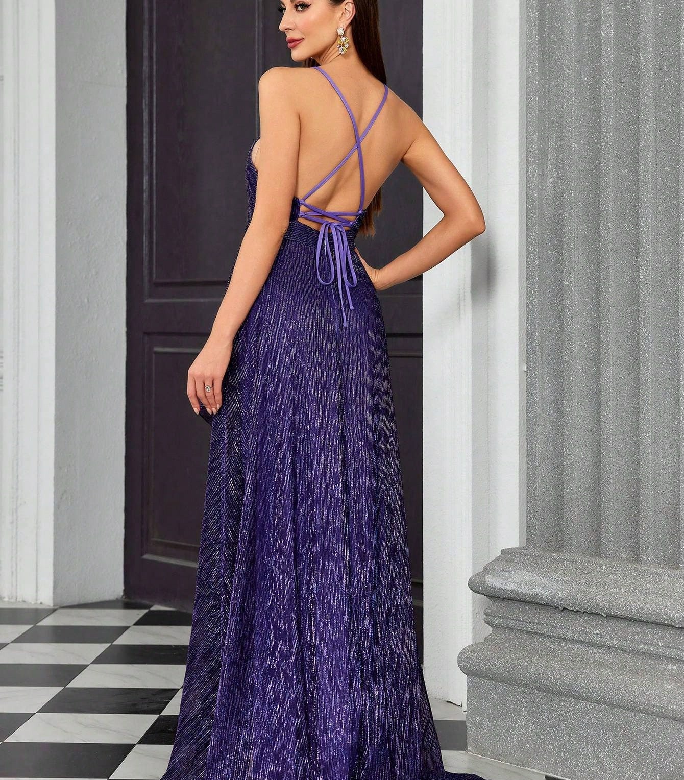 Elegant langry slim fit purple pleated evening gown with crisscross back straps
