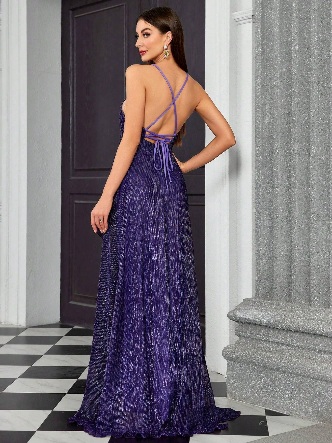 Elegant langry slim fit purple pleated evening gown with crisscross back straps