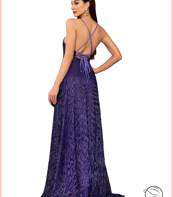 Elegant slim fit langry purple pleated evening gown with crisscross back straps and bow