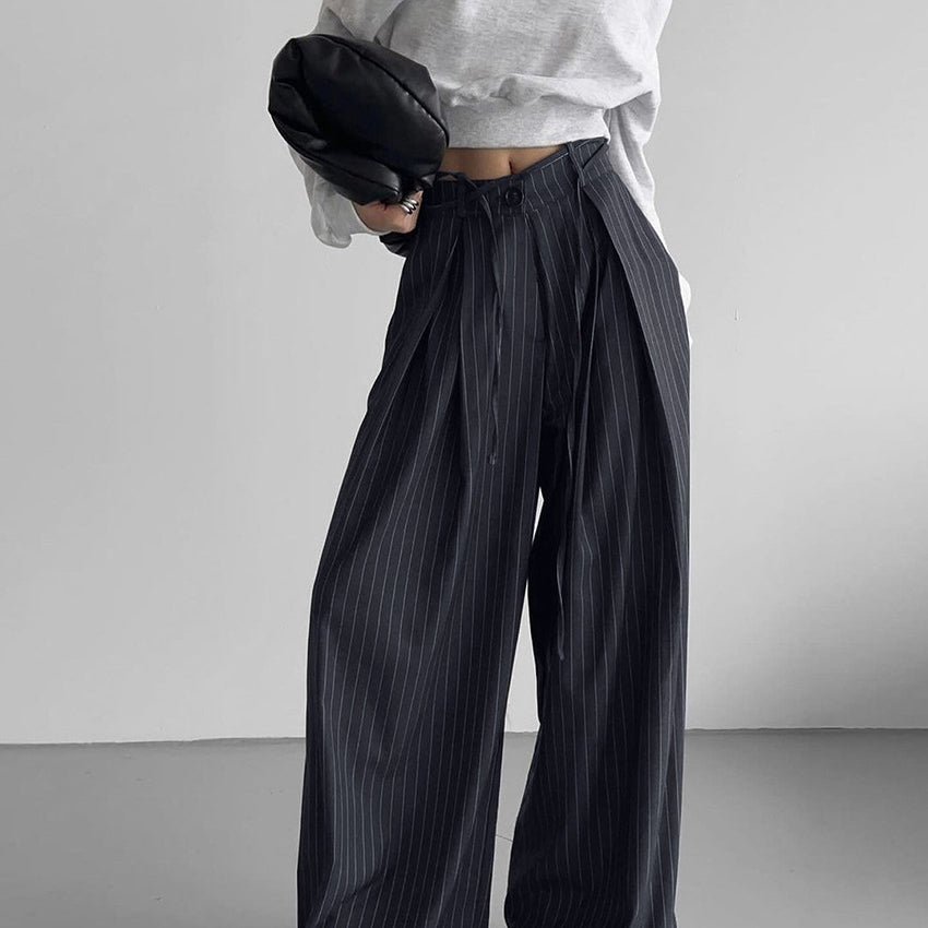 Pinstriped loose drooping casual wide-leg trousers with pleats for casual work wear