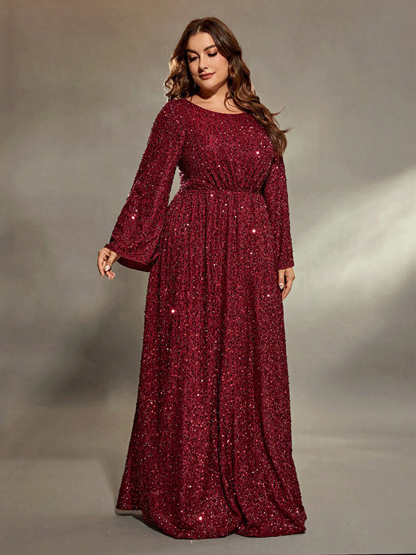 Sparkly long-sleeved maroon dress from Extra Flattering Evening Dress collection, perfect for elegant fashion, ملابس