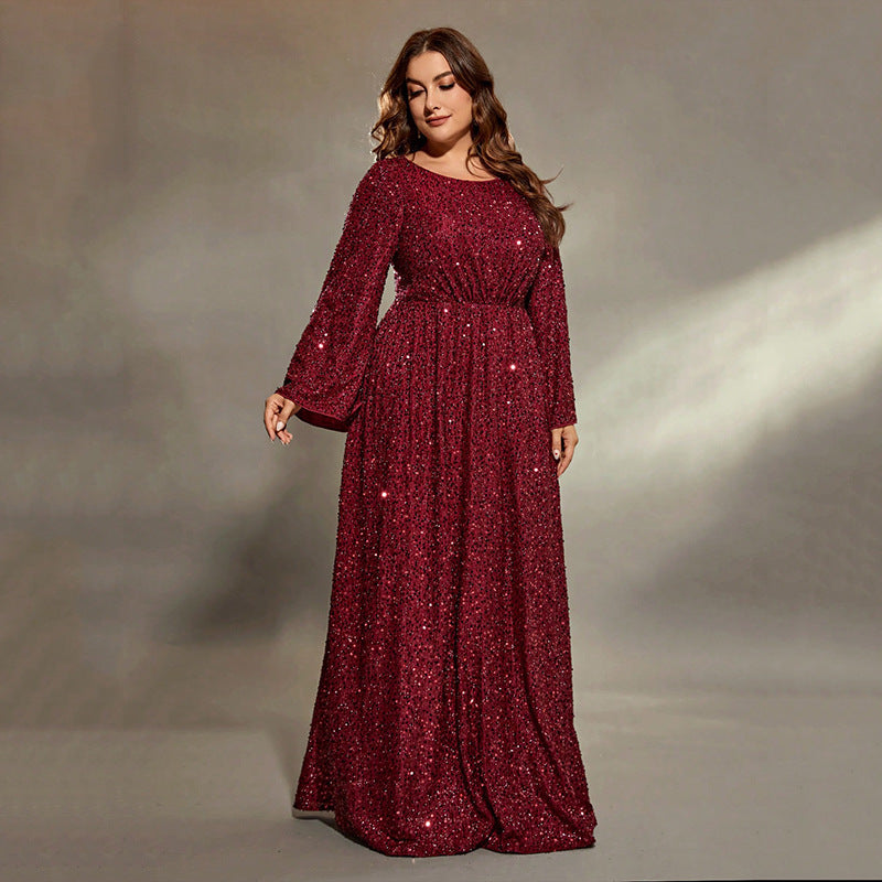 Sparkly long-sleeved maroon dress from Extra Flattering Evening Dress collection, perfect for elegant fashion, ملابس