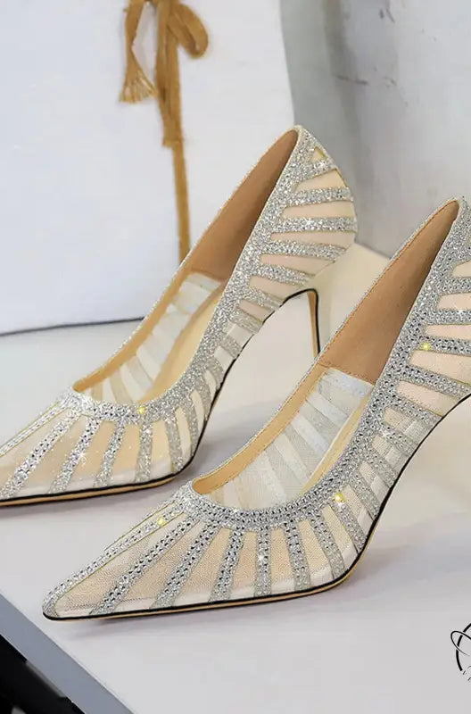 Langry fashion gold glitter high heel pumps with rhinestone accents