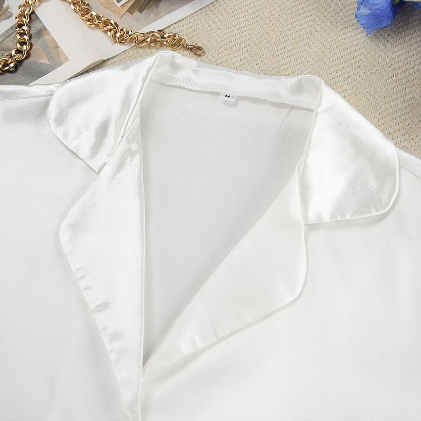 White satin collared blouse with gold chain accessory, perfect for luxury home wear fashion