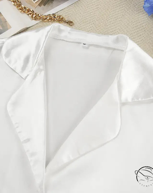 White satin collared blouse with gold chain, luxurious home wear fashion