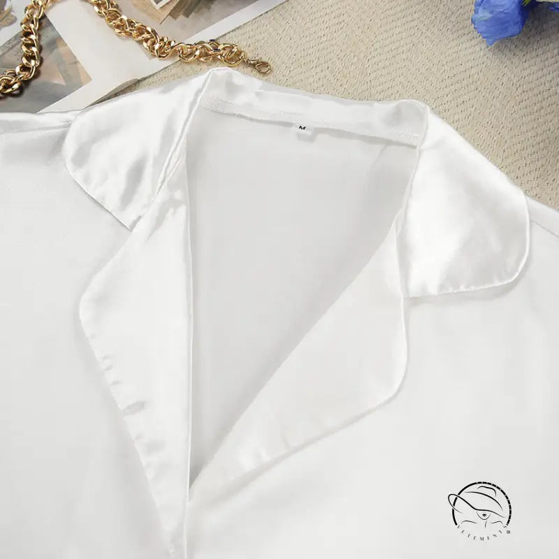 White satin collared blouse with gold chain, luxurious home wear fashion