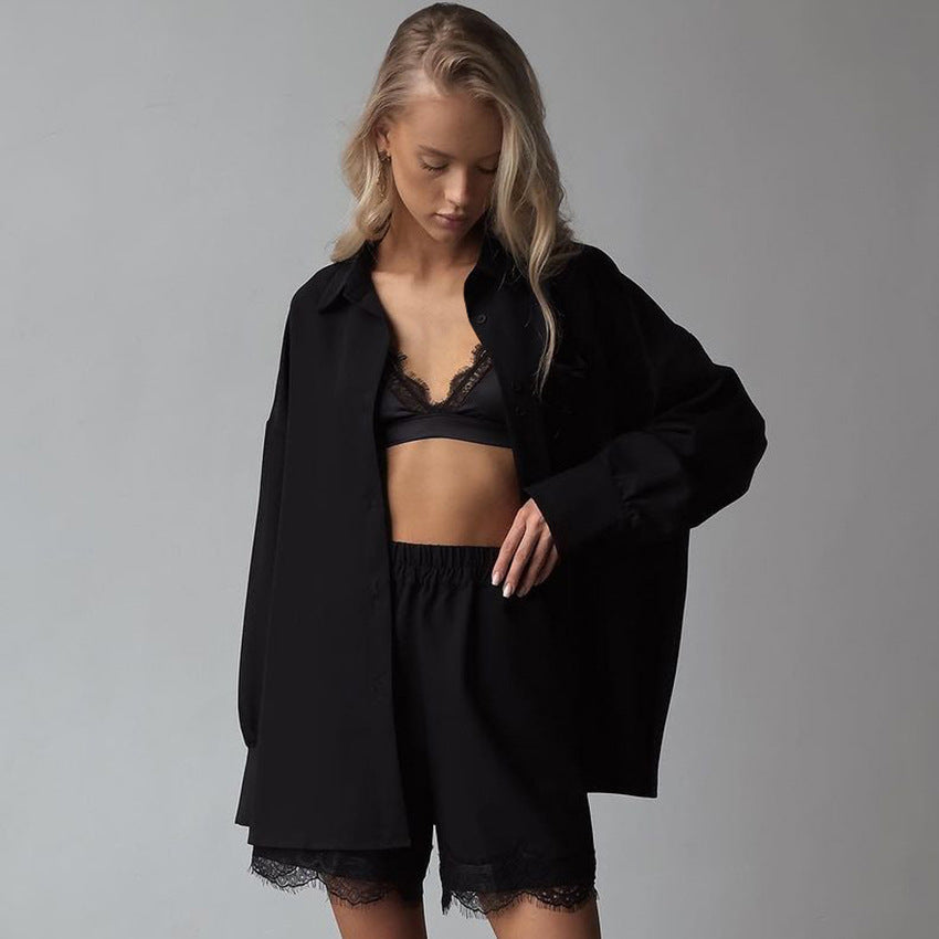 Elegant black lace-trimmed lingerie set featured in Comfort Black Shorts Pajamas, stylish ملابس