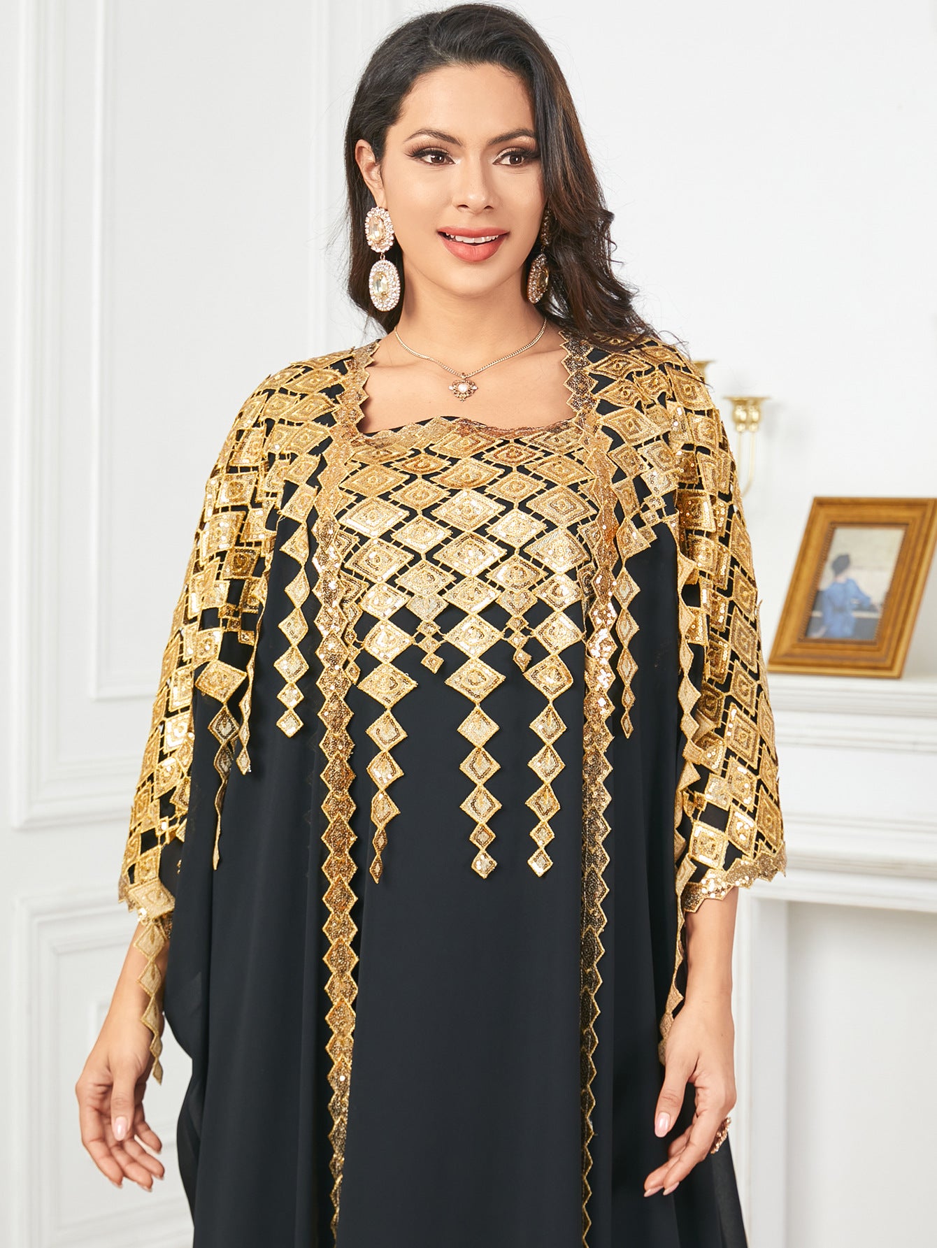 Langry fashion black and gold embroidered cape in geometric patterns for two-piece suit dress