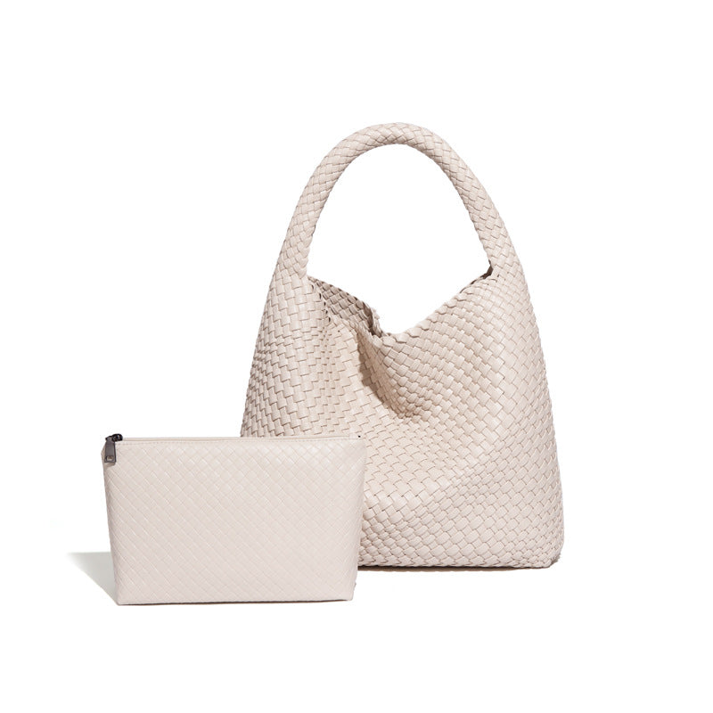 Handmade Woven Bag featuring a cream-colored handbag and matching pouch for stylish fashion