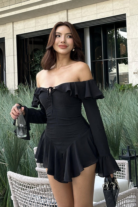 Elegant black off-the-shoulder ruffled sheath dress showcasing stylish fashion and ملابس options