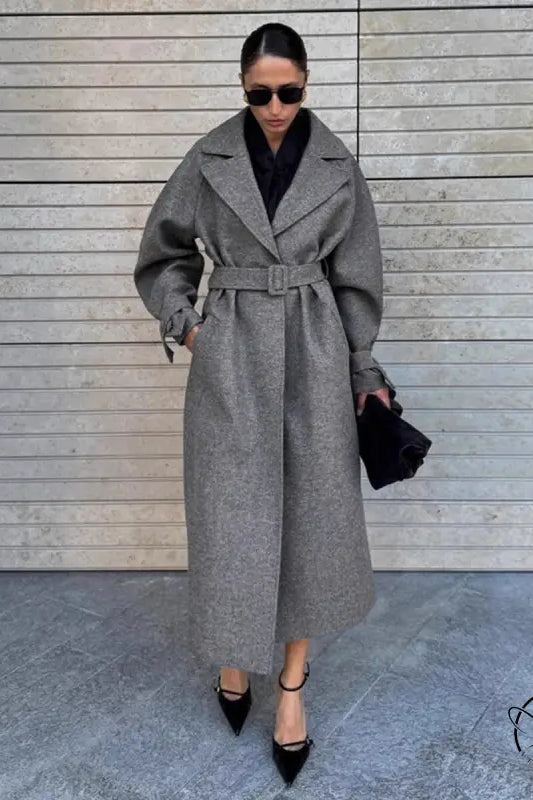 Stylish langry fashion winter lace-up baggy woolen coat with belt and wide lapels
