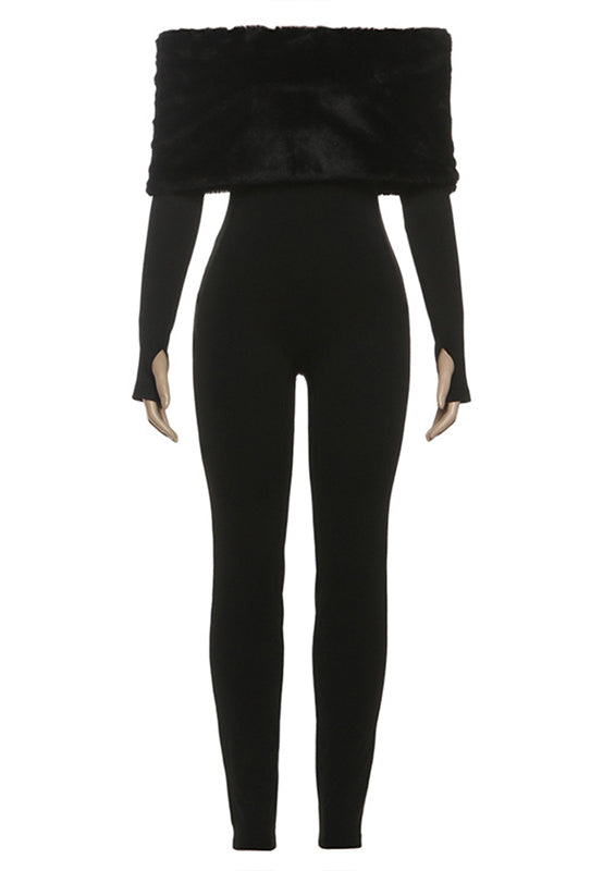 Elegant langry furry slim fit patchwork jumpsuit in black