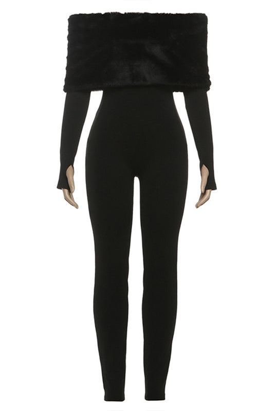 Elegant langry furry slim fit patchwork jumpsuit in black