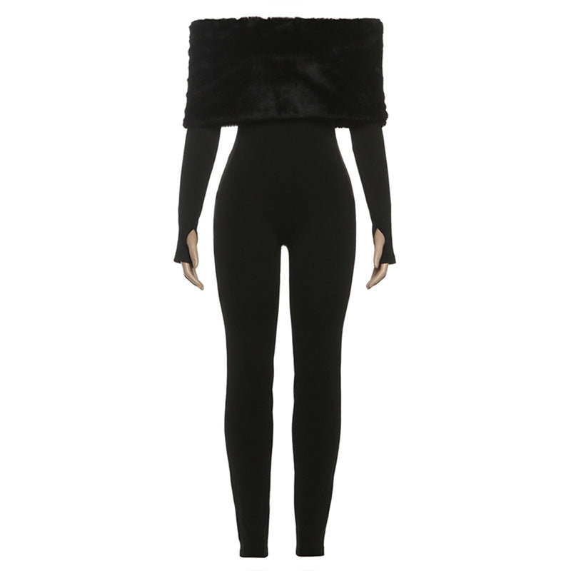 Elegant langry furry slim fit patchwork jumpsuit in black